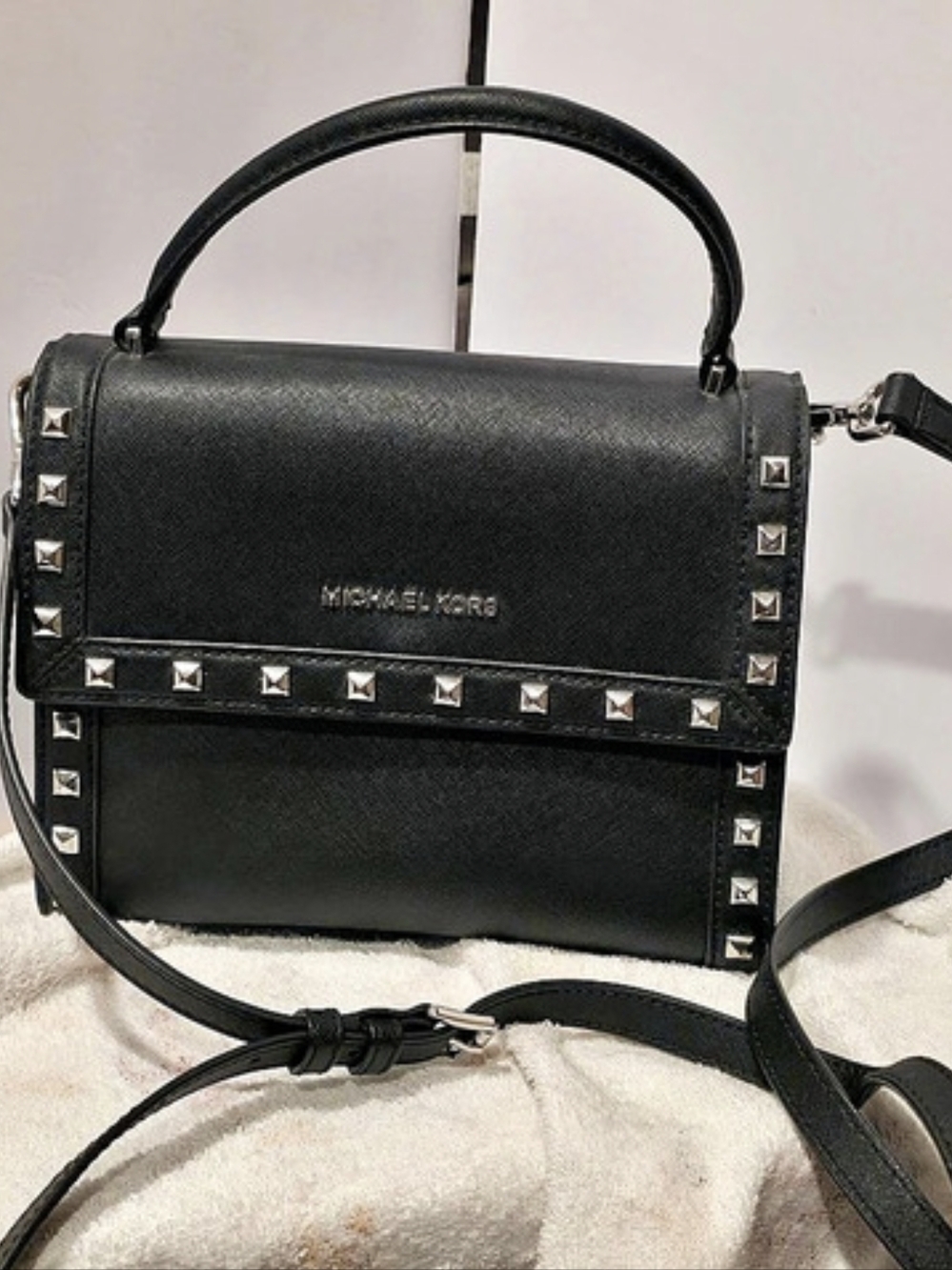 Michael Kors Selma Medium Studded Saffiano Leather Satchel Black Crossbody Bag